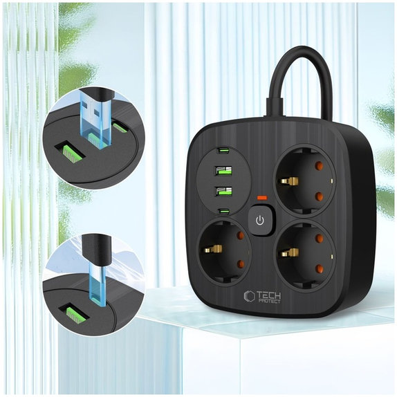 Omrežni polnilnik PCS3X4 Power Strip 2 USB & 2 USB-C & 3 Socket 200cm, črna, Tech-Protect