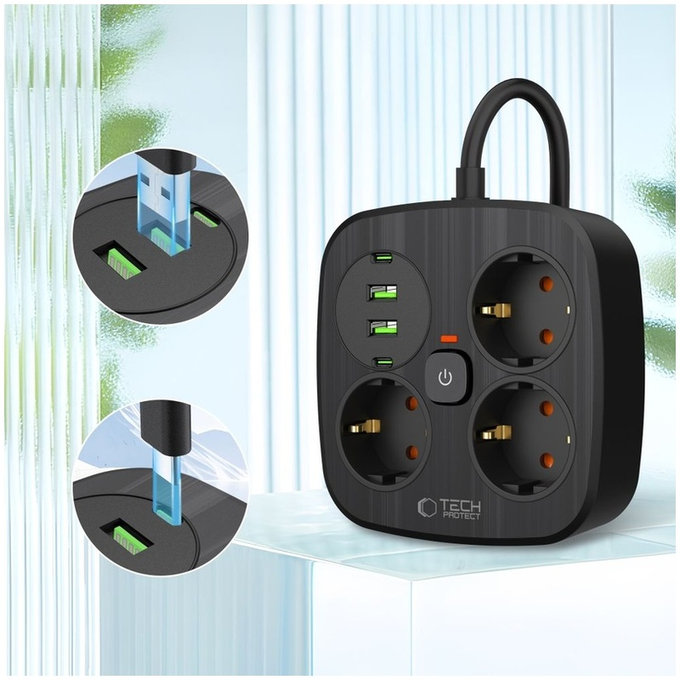 Omrežni polnilnik PCS3X4 Power Strip 2 USB & 2 USB-C & 3 Socket 200cm, črna, Tech-Protect
