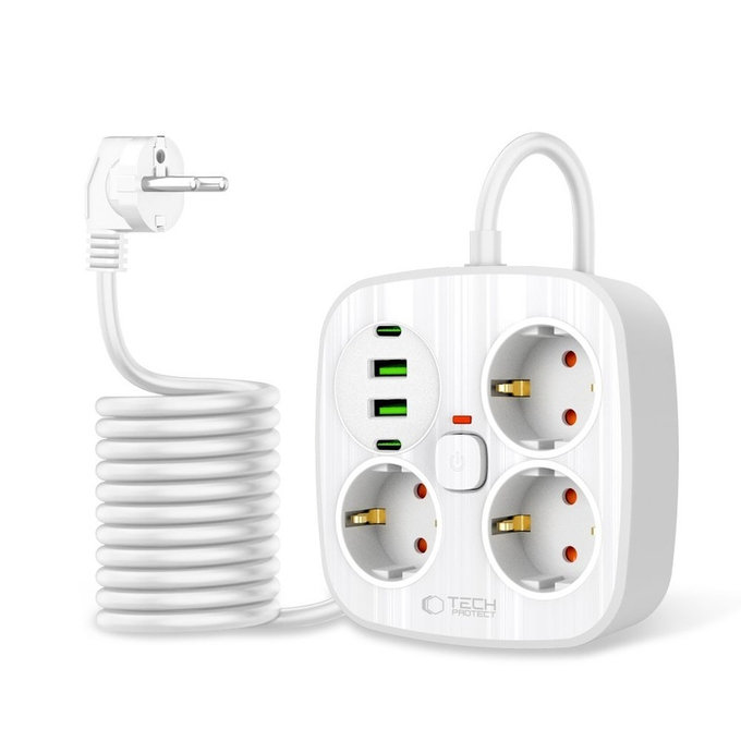 Omrežni polnilnik PCS3X4 Power Strip 2 USB & 2 USB-C & 3 Socket 200cm, bela, Tech-Protect