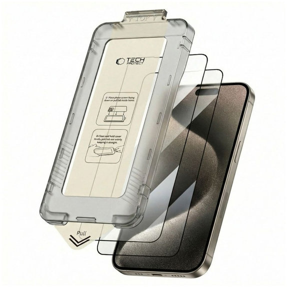 Kaljeno steklo Quick Set+ 2-PACK za iPhone 15 Pro, črna, Tech-Protect