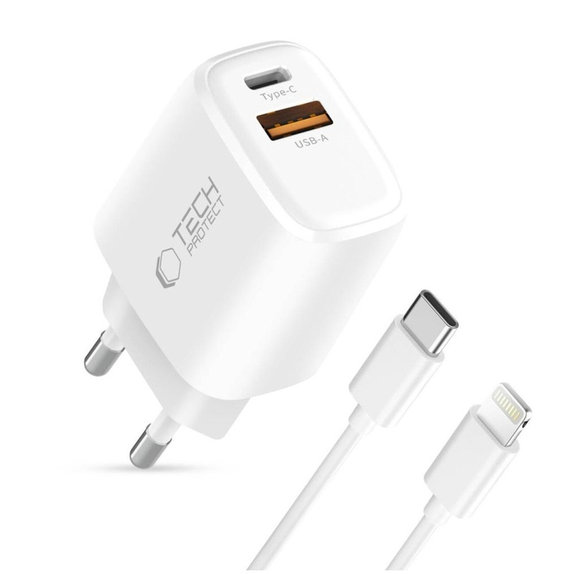 Omrežni polnilnik NCA20 2-PORT PD 20W / QC3.0 + Lightning Cable, bela, Tech-Protect