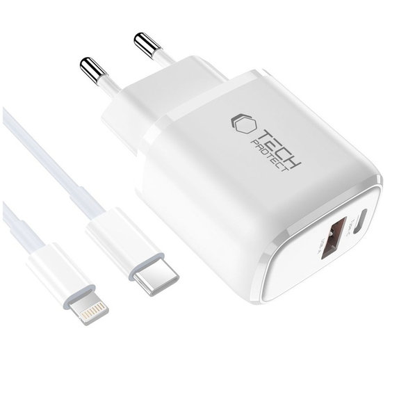 Omrežni polnilnik NCA20 2-PORT PD 20W / QC3.0 + Lightning Cable, bela, Tech-Protect