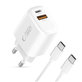 Omrežni polnilnik NCA20 2-PORT PD 20W / QC3.0 + USB-C Cable, bela, Tech-Protect