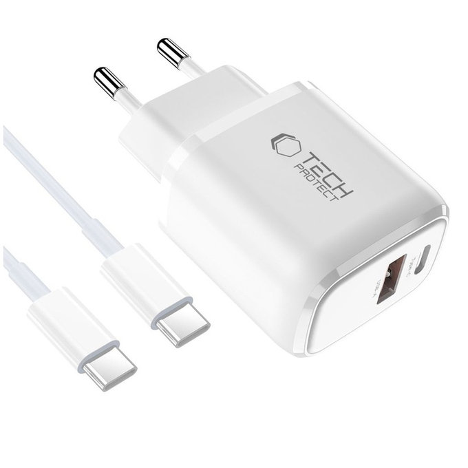 Omrežni polnilnik NCA20 2-PORT PD 20W / QC3.0 + USB-C Cable, bela, Tech-Protect