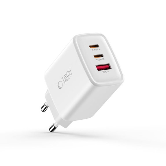 Omrežni polnilnik NCA65W-GAN 3-PORT PD 65W / QC3.0, bela, Tech-Protect