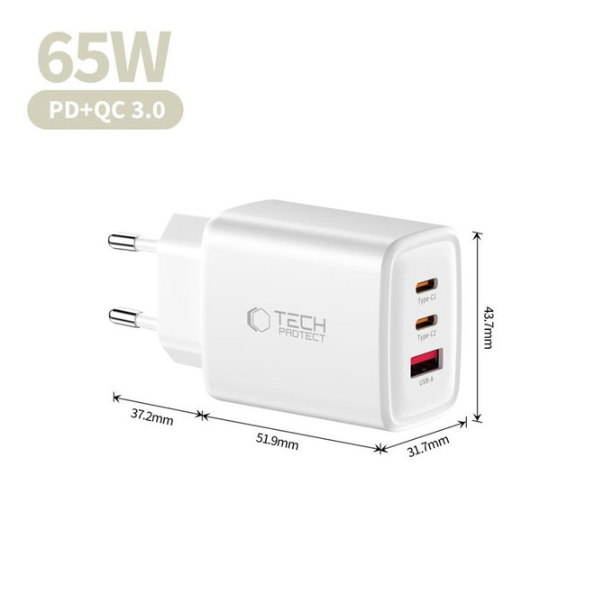 Omrežni polnilnik NCA65W-GAN 3-PORT PD 65W / QC3.0, bela, Tech-Protect