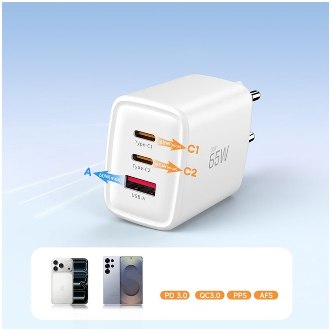 Omrežni polnilnik NCA65W-GAN 3-PORT PD 65W / QC3.0, bela, Tech-Protect