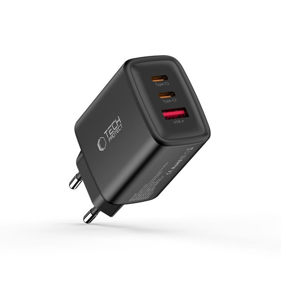 Omrežni polnilnik NCA65W-GAN 3-PORT PD 65W / QC3.0, črna, Tech-Protect