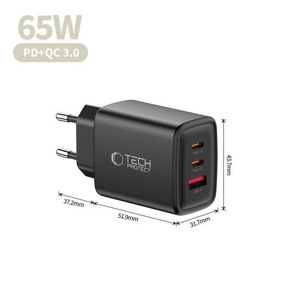Omrežni polnilnik NCA65W-GAN 3-PORT PD 65W / QC3.0, črna, Tech-Protect