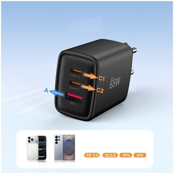 Omrežni polnilnik NCA65W-GAN 3-PORT PD 65W / QC3.0, črna, Tech-Protect