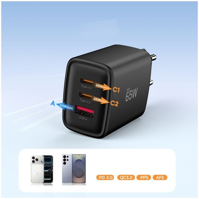 Omrežni polnilnik NCA65W-GAN 3-PORT PD 65W / QC3.0, črna, Tech-Protect