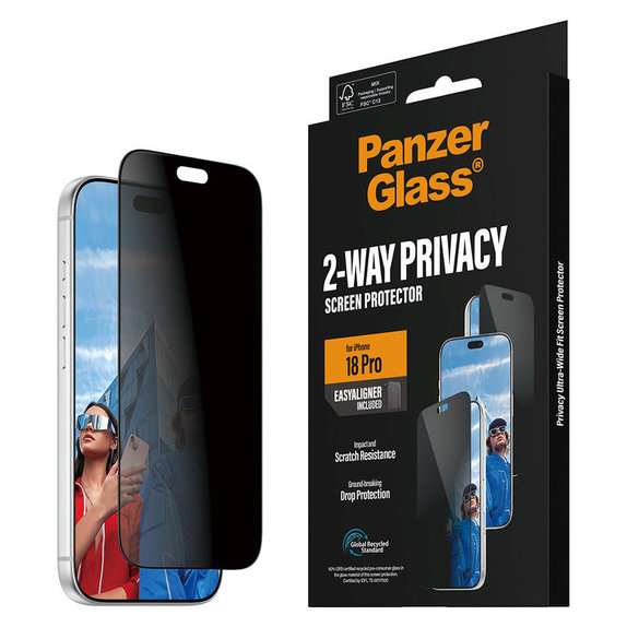 Kaljeno steklo UWF 2-Way Privacy z aplikatorjem za iPhone 18 Pro, Črna, PanzerGlass