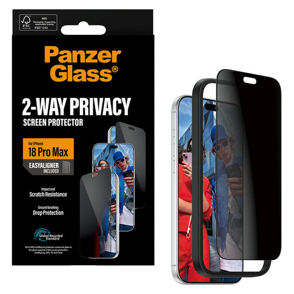 Kaljeno steklo UWF 2-Way Privacy z aplikatorjem za iPhone 18 Pro Max, Črna, PanzerGlass