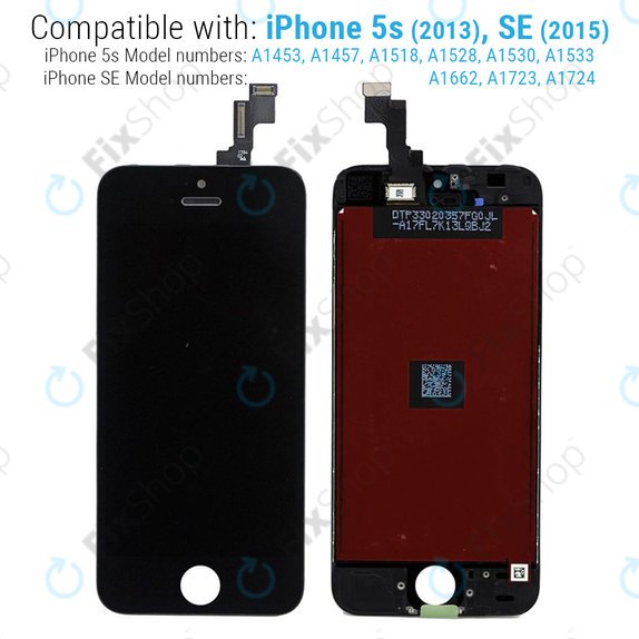 Zaslon za iPhone 5S, SE, Black, Steklo na dotik z okvirjem