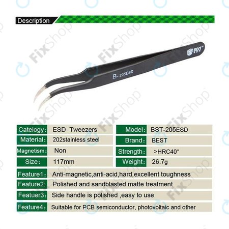 Best B-205ESD - ESD kovinska pinceta z upognjeno konico (117mm)