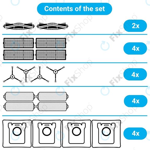 Komplet nadomestnih delov za Ecovacs Deebot X11 Pro, X11 (2x Glavna krtača, 4x Filter, 4x Stranska krtača, 4x Krpa za brisanje, 4x Vrečka za prah)