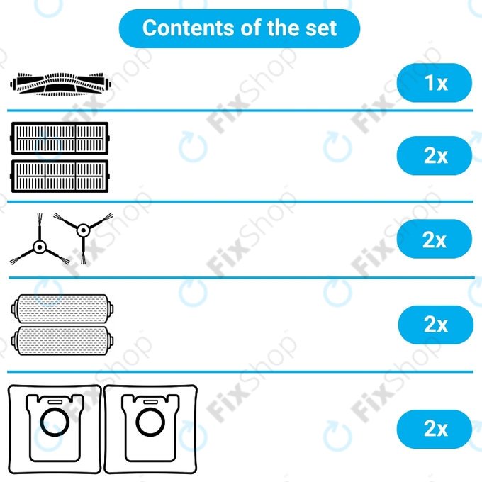 Komplet nadomestnih delov za Ecovacs Deebot X9 Pro Omni (1x Glavna krtača, 2x Filter, 2x Stranska krtača, 2x Krpa za brisanje, 2x Vrečka za prah)