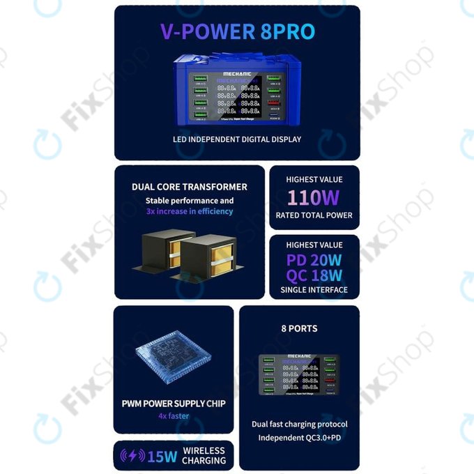 Mechanic V-Power 8 Pro - Servisna USB polnilna postaja z USB-C, USB 3.0