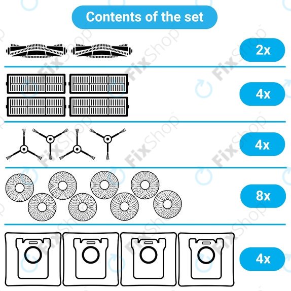 Komplet nadomestnih delov za Xiaomi Dreame L10s Ultra, Xiaomi Dreame L10s Pro (2x Glavna krtača, 4x Filter, 4x Stranska krtača, 8x Krpa za brisanje, 4x Vrečka za prah)