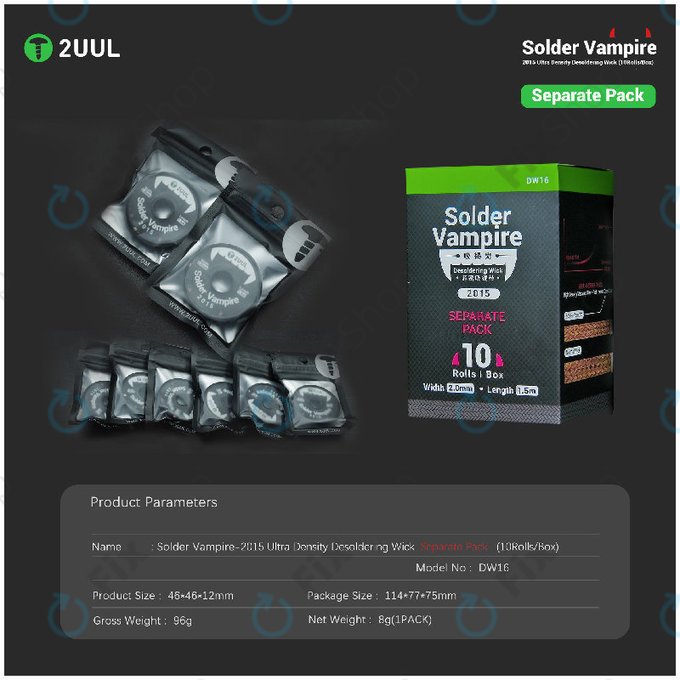 Pletenica za odstranjevanje spajke, Solder Vampire, 2UUL DW16, posamično pakirana, 10 kolutov/škatla