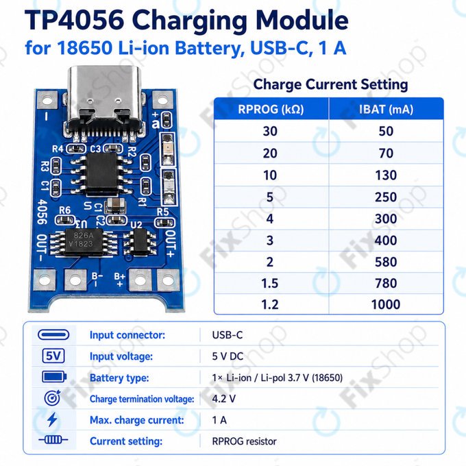 Polnilni modul TP4056 za 18650 Li-ion baterijo, USB-C, 1 A