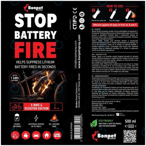 Bonpet Gasilni sprej za litijeve baterije, 500 ml, E-Bike & Scooter Edition