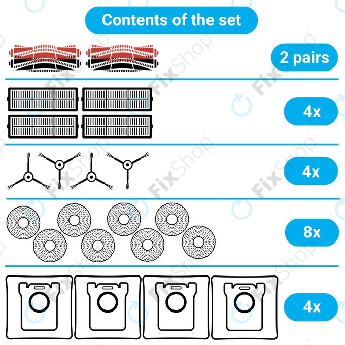 Komplet nadomestnih delov za Dreame X50 Ultra, L50 Ultra, L40s Ultra, L40s Pro Ultra, X50 Master, Mova V50 (2 para glavnih krtač, 4x Filter, 4x Stranska krtača, 8x Krpa za brisanje, 4x Vrečka za prah)