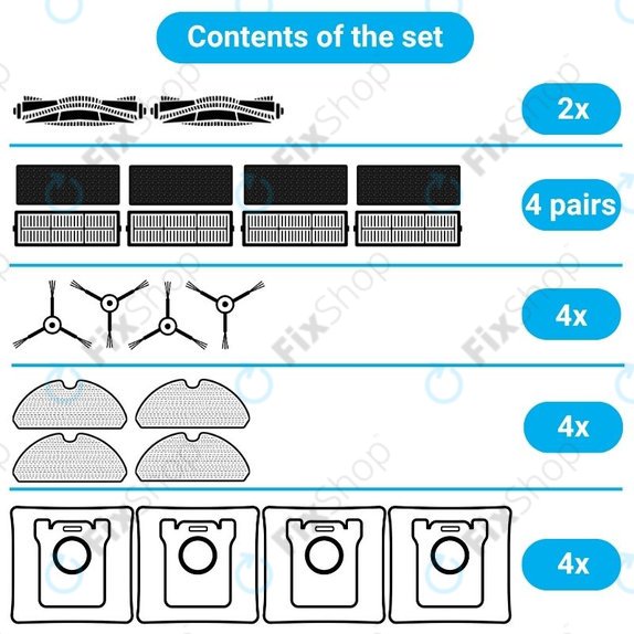 Komplet nadomestnih delov za Xiaomi Viomi S9, Proscenic M7 Pro, M7 Max, M8 Pro (2x Glavna krtača, 4x Filter, 4x Stranska krtača, 4x Krpa za brisanje, 4x Vrečke za prah)