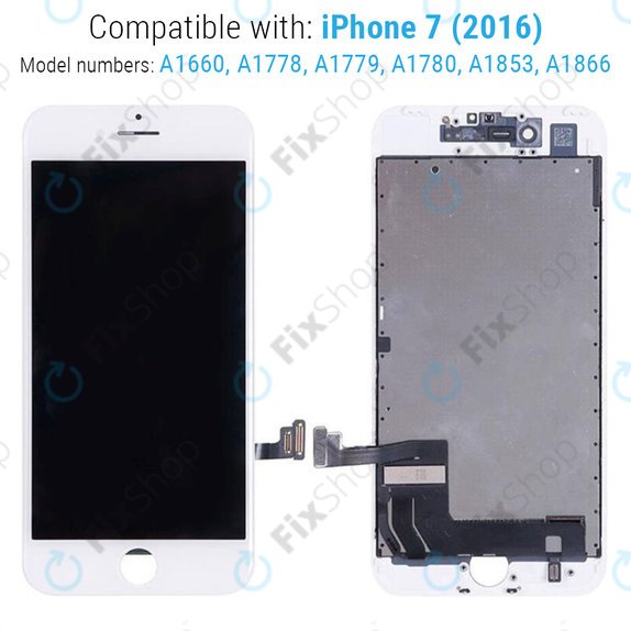 Zaslon za iPhone 7, White, Steklo na dotik z okvirjem, Refurbished