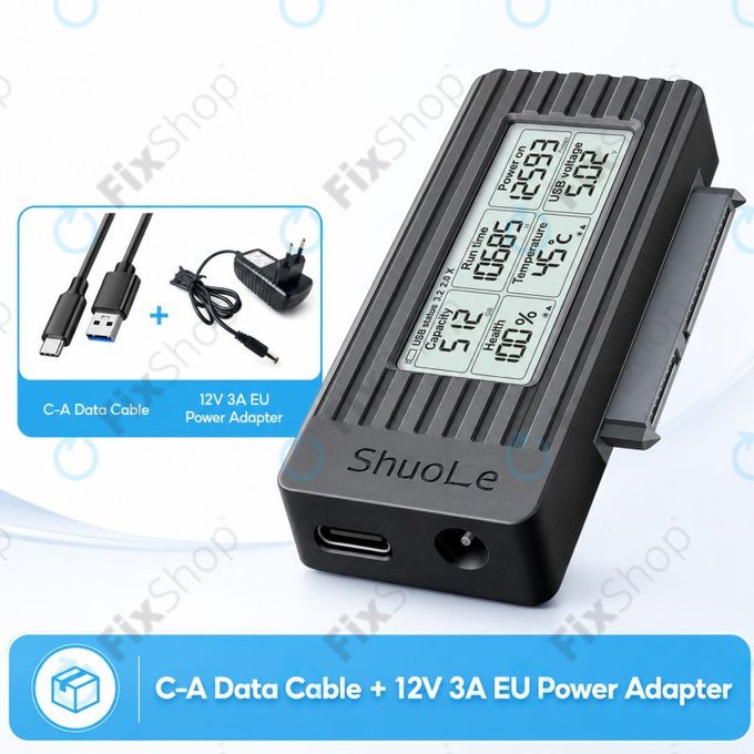 USB-C / USB 3.0 na SATA adapter za HDD/SSD z zaslonom, 12V/3A EU