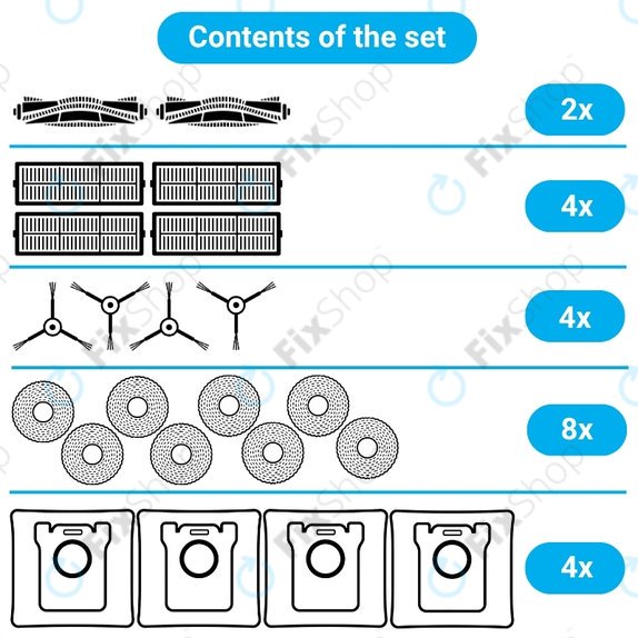 Komplet nadomestnih delov za Roborock Qrevo Edge 2 Pro (2x Glavna krtača, 4x Filter, 4x Stranska krtača, 8x Krpa za brisanje, 4x Vrečka za prah)