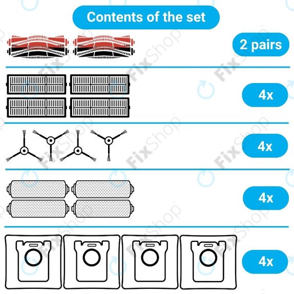 Komplet nadomestnih delov za Dreame Aqua 10, 10 Ultra (2 para glavnih krtač, 4x Filter, 4x Stranska krtača, 4x Krpa za brisanje, 4x Vrečka za prah)