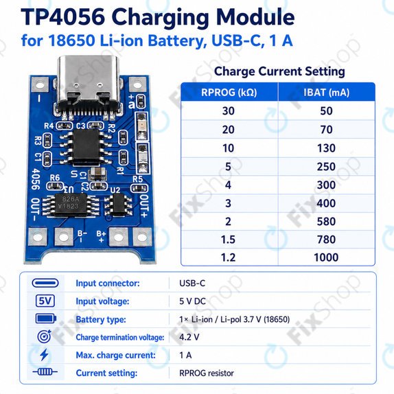 Polnilni modul TP4056 za 18650 Li-ion baterijo, USB-C, 1 A