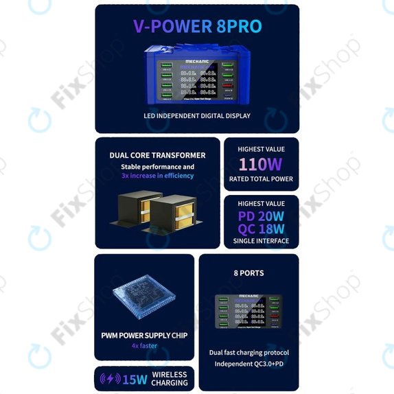 Mechanic V-Power 8 Pro - Servisna USB polnilna postaja z USB-C, USB 3.0