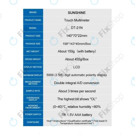 Sunshine DT-21N - Multimeter na dotik