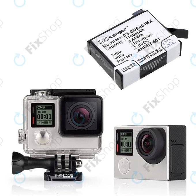Baterija za GoPro Hero 4, 1160mAh, Li-Ion, 3.8V, AHDBT-401, HQ