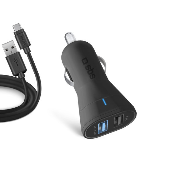 SBS - Avtopolnilec 2x USB + USB / USB-C kabel, črn