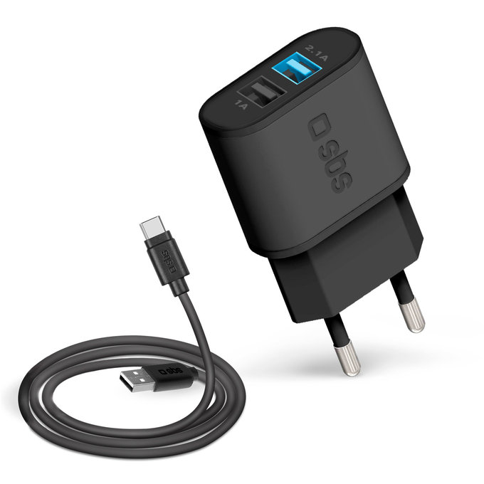 SBS - 10W polnilni adapter 2x USB + kabel USB / USB-C, črn