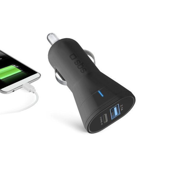 SBS - USB avtopolnilec, USB-C, 2.1A, 3A, črn