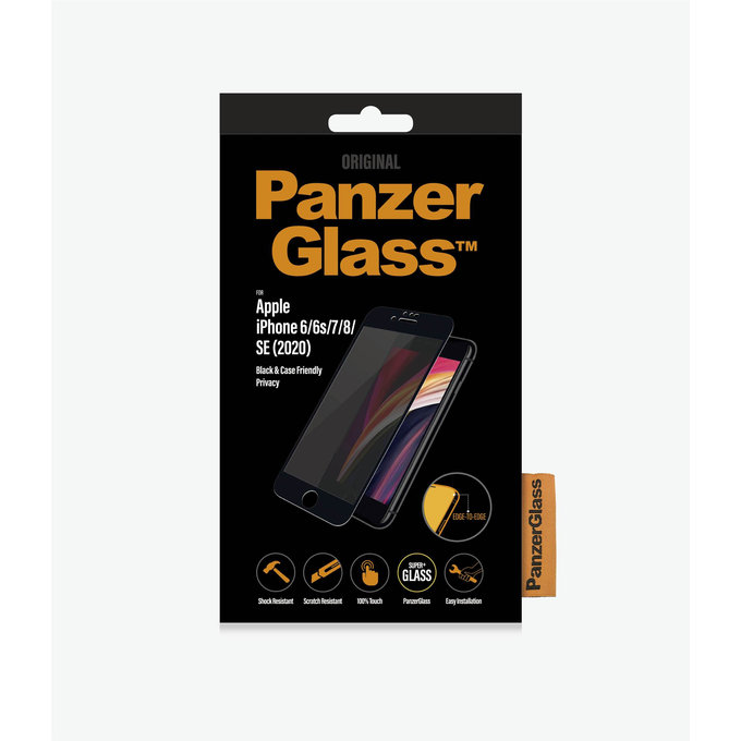 PanzerGlass - Kaljeno Steklo Privacy Case Friendly za iPhone 6, 6s, 7, 8, SE 2020 in SE 2022, črn