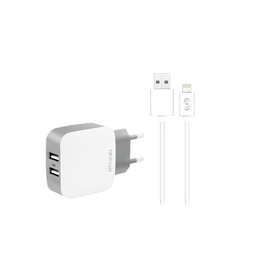 Fonex - Polnilni adapter 2x USB + USB / Lightning kabel, 10W, bel