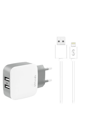 Fonex - Polnilni adapter 2x USB + USB / Lightning kabel, 10W, bel