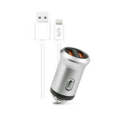 Fonex - Avtopolnilec 2x USB + USB / Lightning kabel, 10W, srebrn