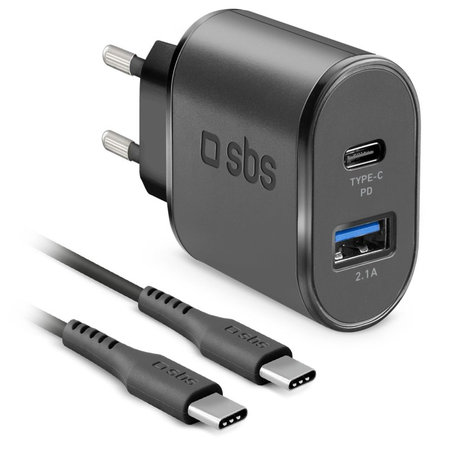 SBS - 18W USB polnilec, USB-C + kabel USB-C / USB-C, črn