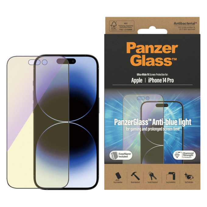 Kaljeno steklo UWF Anti-Bluelight AB z aplikatorjem za iPhone 14 Pro, Črna, PanzerGlass
