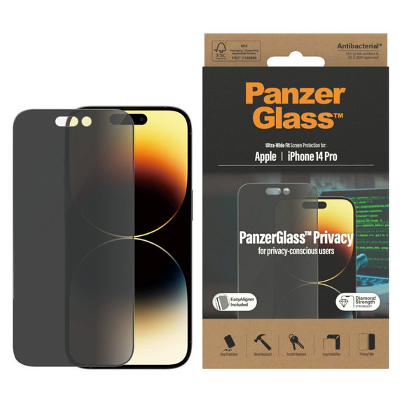 Kaljeno steklo UWF Privacy AB z aplikatorjem za iPhone 14 Pro, Črna, PanzerGlass