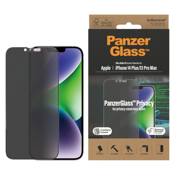 Kaljeno steklo UWF Privacy AB z aplikatorjem za iPhone 14 Plus/13 Pro Max, Črna, PanzerGlass