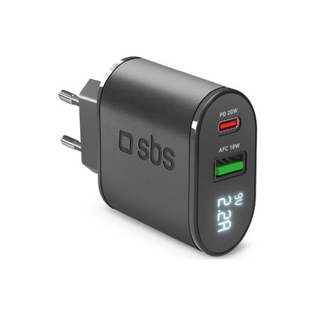 SBS - 20 W polnilni adapter z LCD USB, USB-C, PowerDelivery, črn