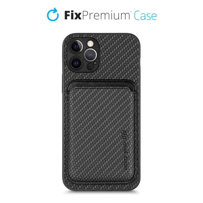 FixPremium - Carbon ovitek z denarnico MagSafe Wallet za iPhone 12 Pro Max, črn