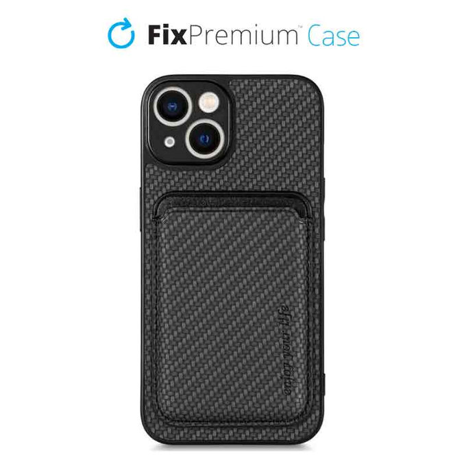 FixPremium - Carbon ovitek z MagSafe Wallet za iPhone 13 in 14, črn